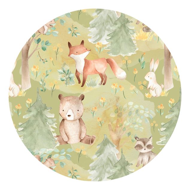 Runde Tapete selbstklebend - Hase und Fuchs auf Grüner Wiese