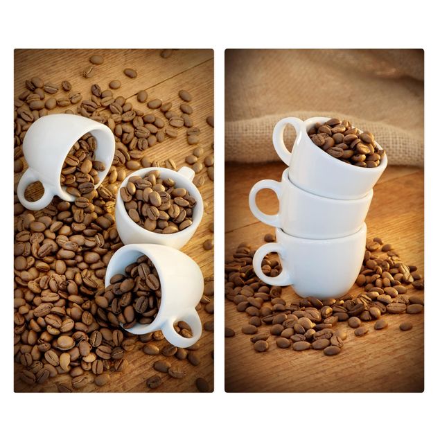 Herdabdeckplatte Glas - 3 Espressotassen mit Kaffeebohnen