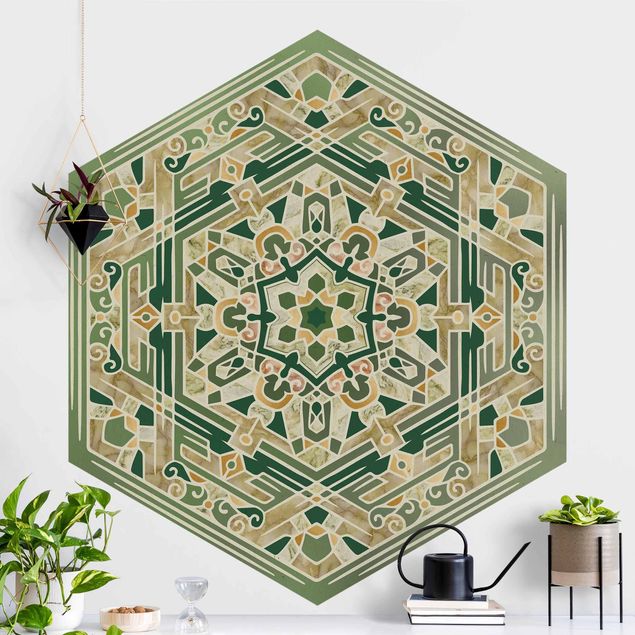 Küche Dekoration Hexagonales Mandala in Grün mit Gold
