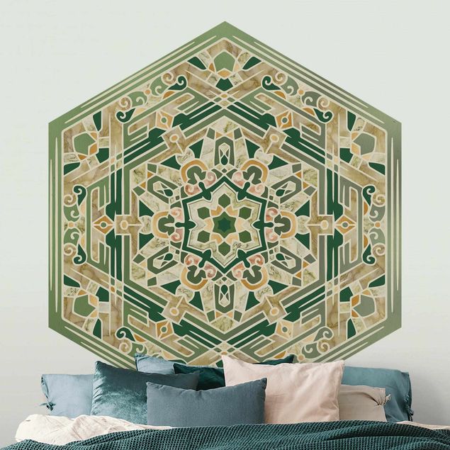 Vintage Tapete Hexagonales Mandala in Grün mit Gold