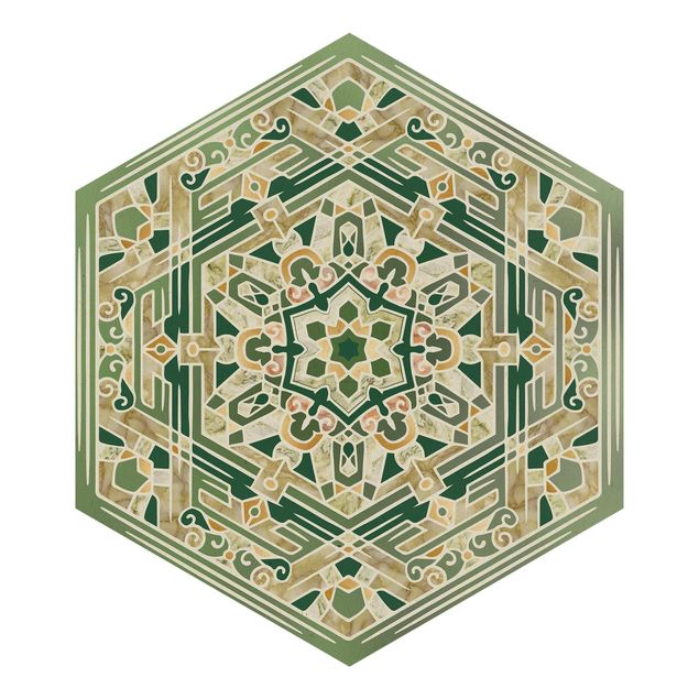Fototapete Hexagonales Mandala in Grün mit Gold