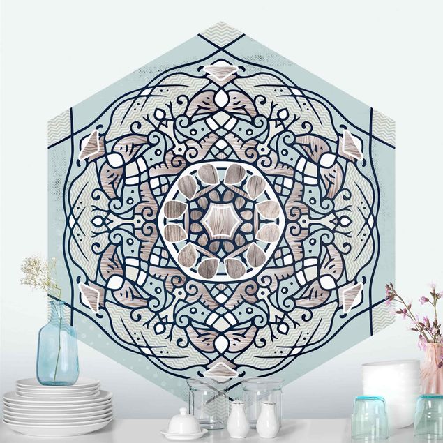 Fototapete Vintage Hexagonales Mandala in Hellblau