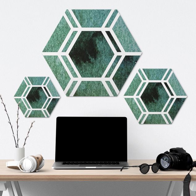 Hexagon Bild Alu-Dibond - Hexagonträume Aquarell in Grün