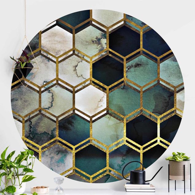 Tapete geometrisch Hexagonträume Aquarell mit Gold