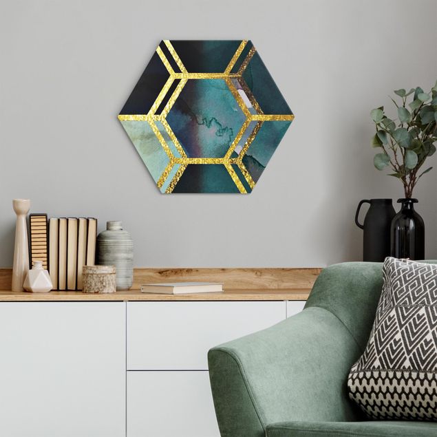 Wandbilder Muster Hexagonträume Aquarell mit Gold