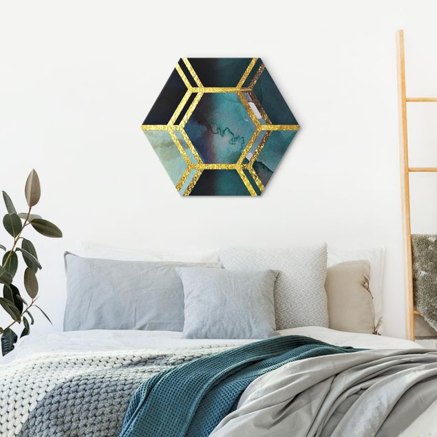 Wandbilder Modern Hexagonträume Aquarell mit Gold