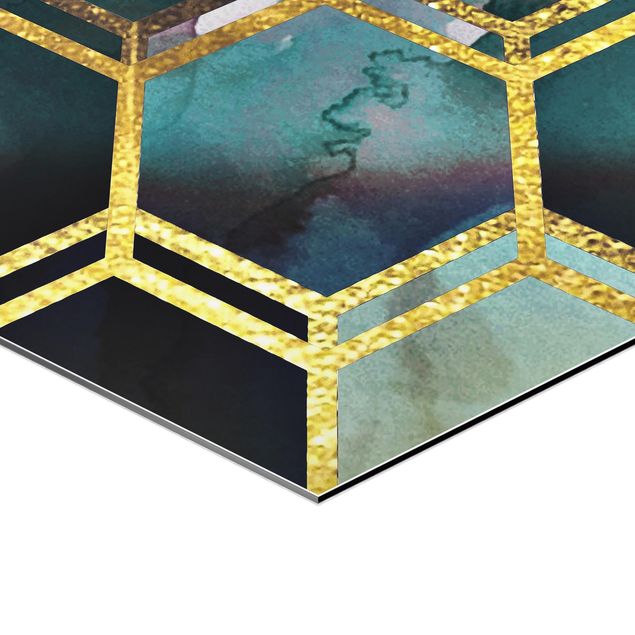 Foto auf Alu Dibond Hexagonträume Aquarell mit Gold