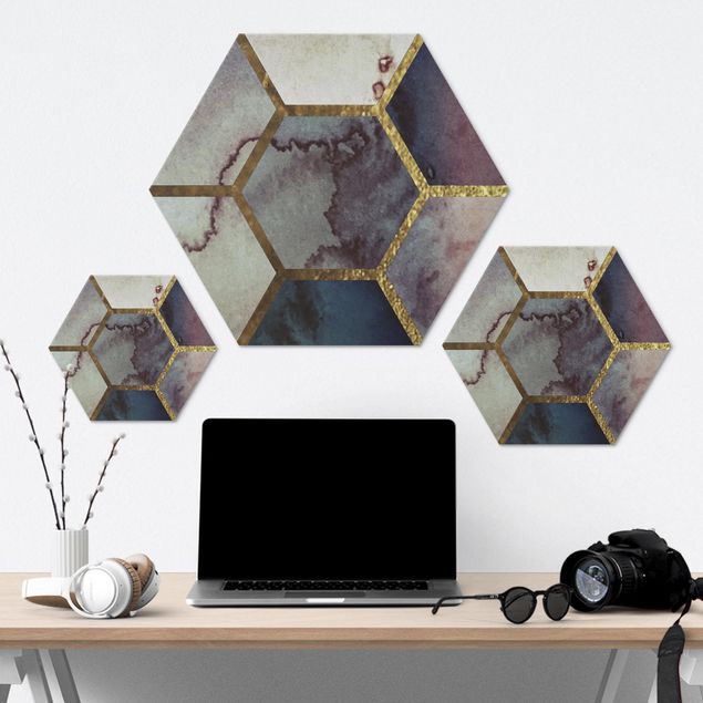 Hexagon Bild Alu-Dibond - Hexagonträume Aquarell Muster