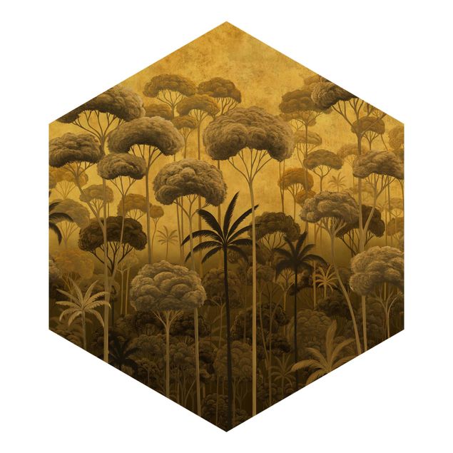 Hexagon Tapete selbstklebend - Hohe Bäume im Dschungel in goldener Tönung