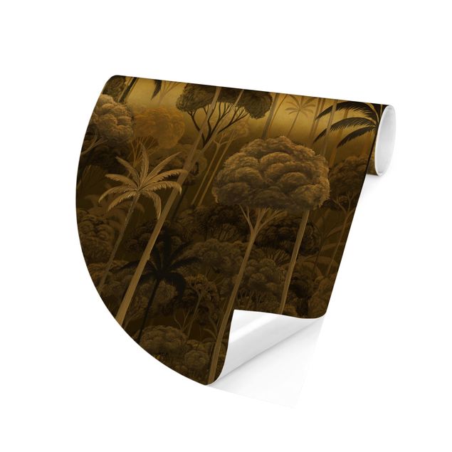 Runde Tapete selbstklebend - Hohe Bäume im Dschungel in goldener Tönung