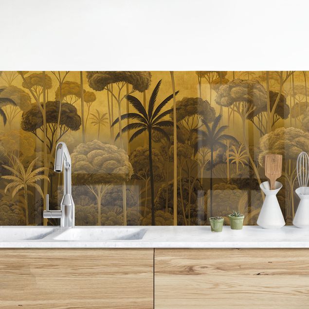 Küchenrückwand Folie Blumen Hohe Bäume im Dschungel in goldener Tönung