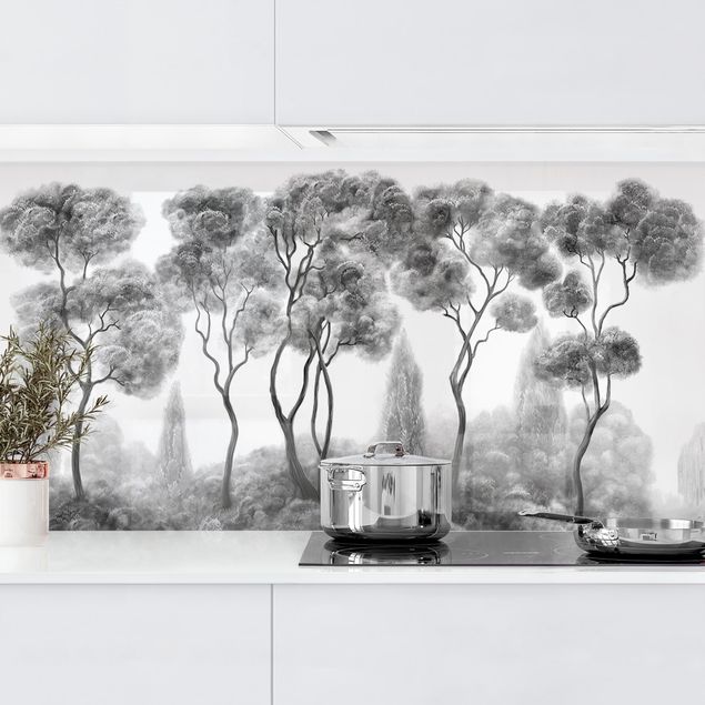 Küchenspiegel Glas Hohe Bäume schwarz-weiß