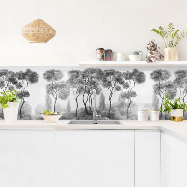 Küchenrückwand selbstklebend Hohe Bäume schwarz-weiß