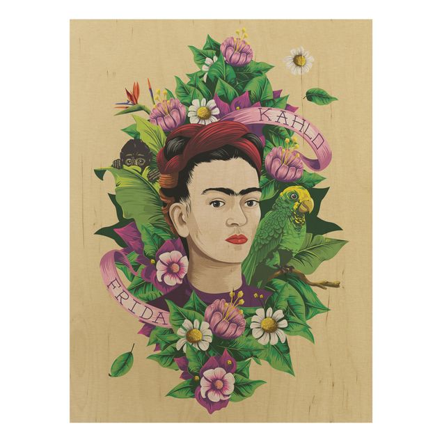 Holzbilder Blumen Frida Kahlo - Frida, Äffchen und Papagei