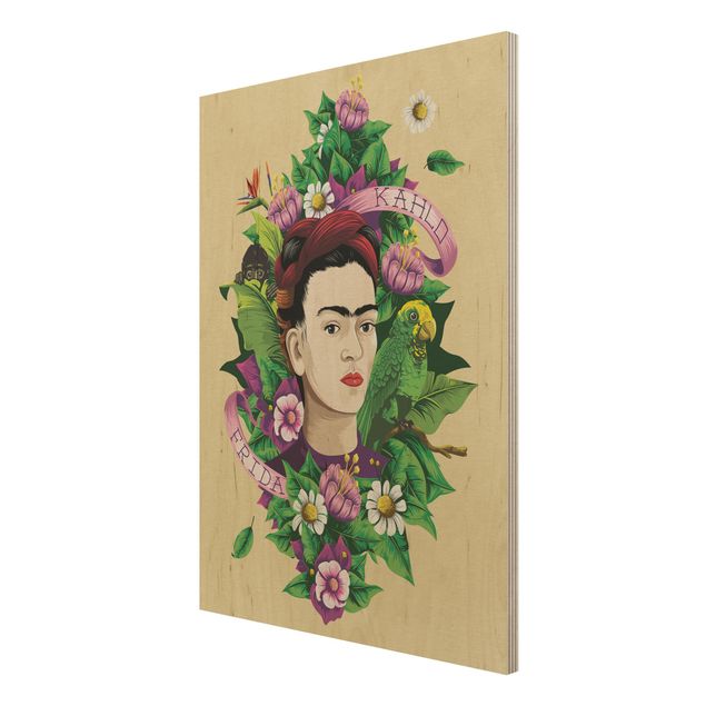 Holzbilder Sprüche Frida Kahlo - Frida, Äffchen und Papagei