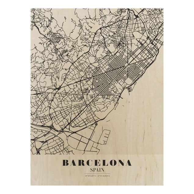 Holzbild mit Spruch Stadtplan Barcelona - Klassik