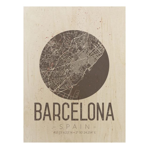 Holzbilder mit Sprüchen Stadtplan Barcelona - Retro