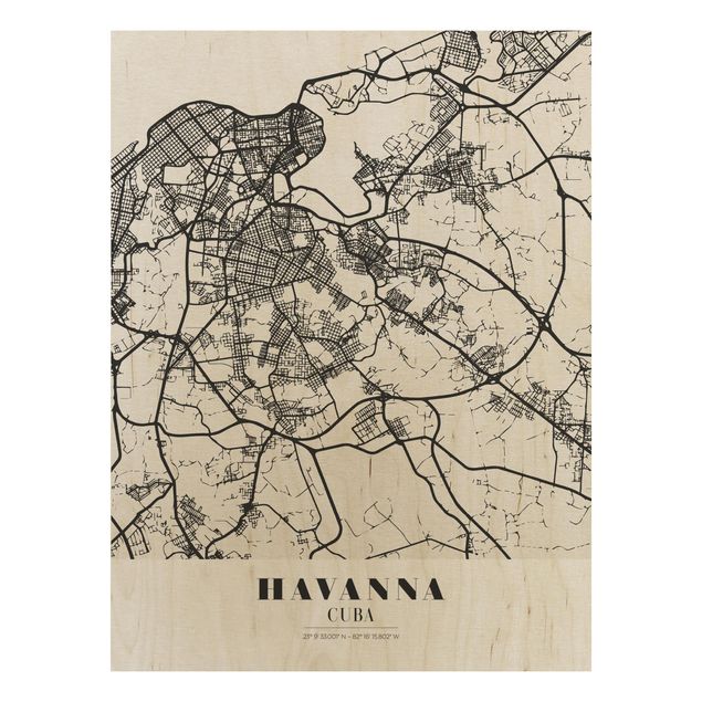 Holzbild mit Spruch Stadtplan Havanna - Klassik