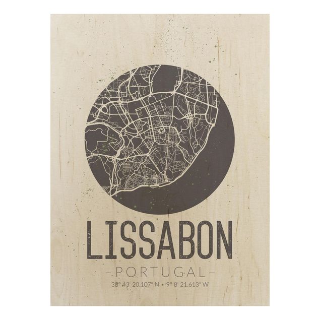 Holzbild mit Spruch Stadtplan Lissabon - Retro