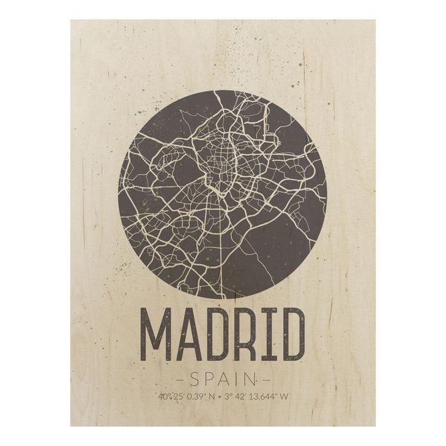 Holzbild mit Spruch Stadtplan Madrid - Retro