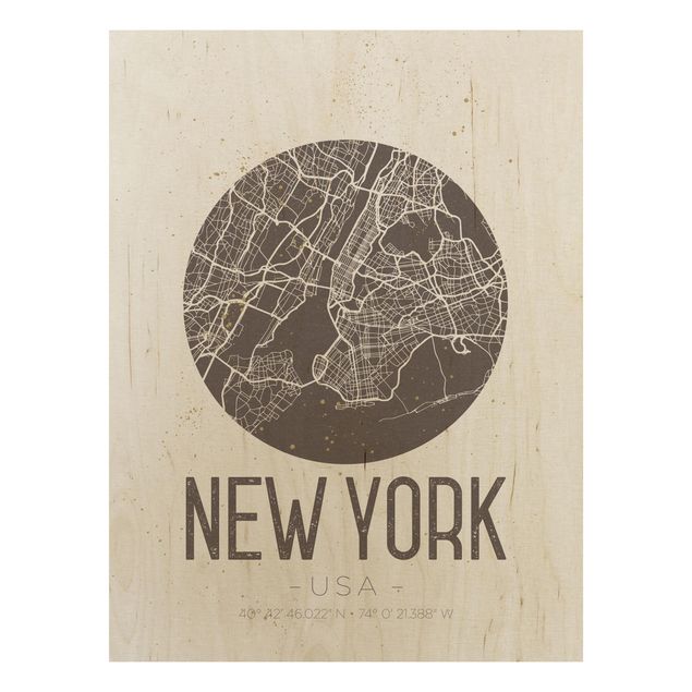 Holzbild mit Spruch Stadtplan New York - Retro