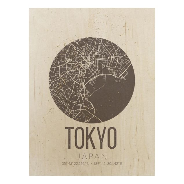 Holzbilder Sprüche Stadtplan Tokyo - Retro