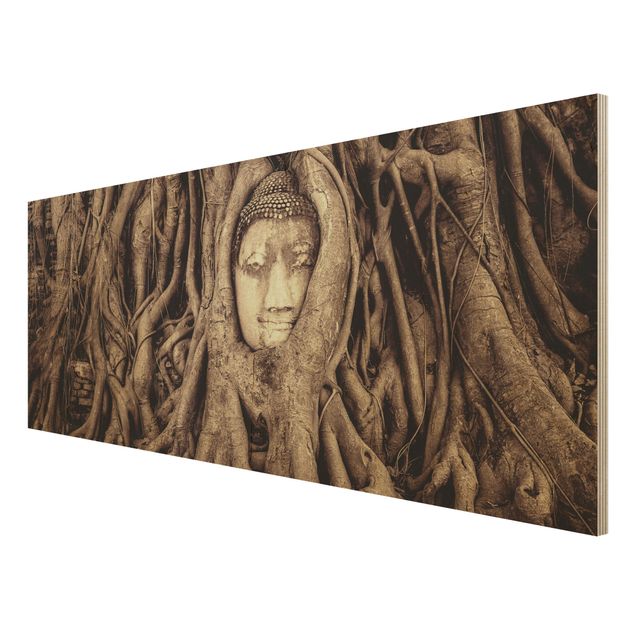 Holzbilder Landschaften Buddha in Ayutthaya von Baumwurzeln gesäumt in Braun