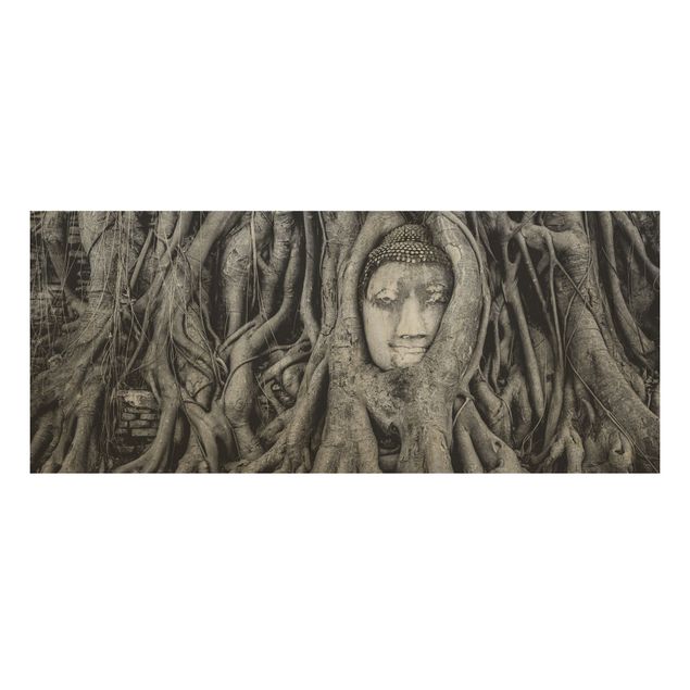 Holzbild Blumen Buddha in Ayutthaya von Baumwurzeln gesäumt in Schwarzweiß