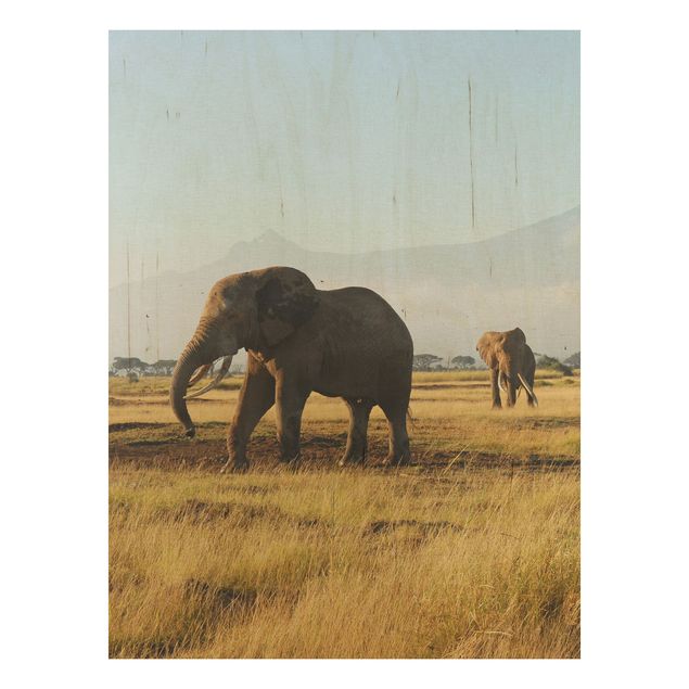 Holzbild Natur Elefanten vor dem Kilimanjaro in Kenya