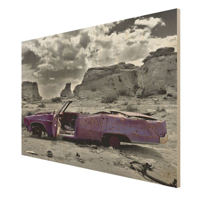 Wandbild Holz Vintage Pink Cadillac