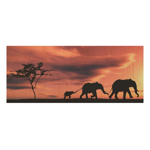 Holzbilder Landschaften Savannah Elefant Family