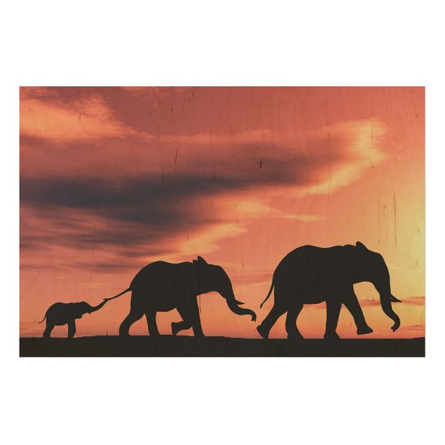 Holzbild Natur Savannah Elefant Family