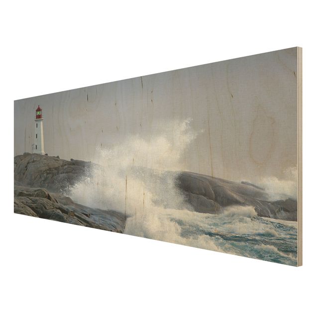 maritime Bilder auf Holz Sturmwellen am Leuchtturm