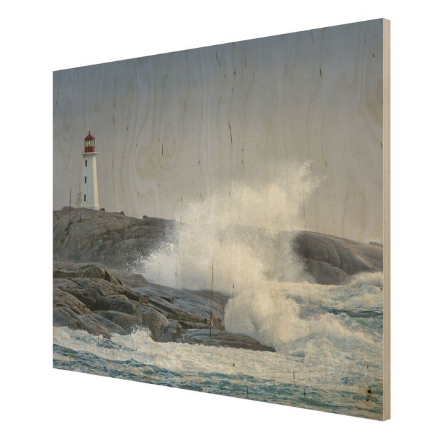 maritime Bilder auf Holz Sturmwellen am Leuchtturm