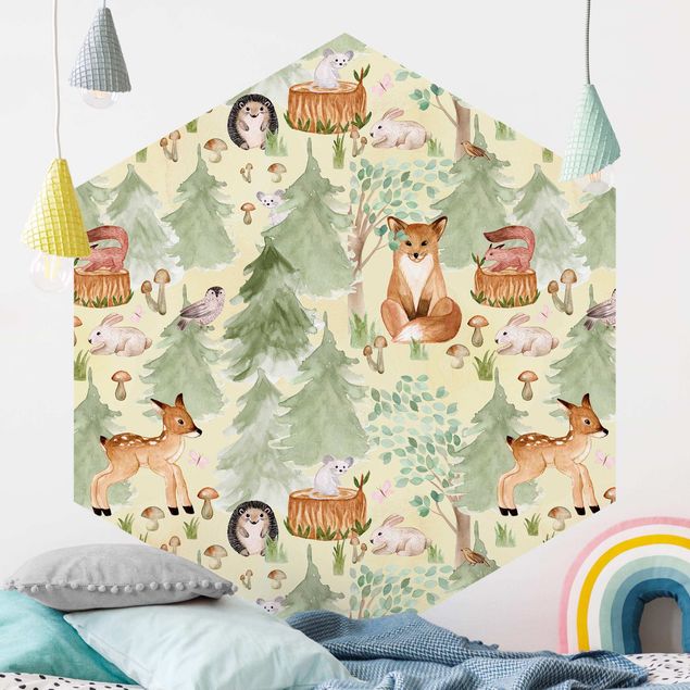 Babyzimmer Deko Igel und Fuchs mit Bäumen Grün
