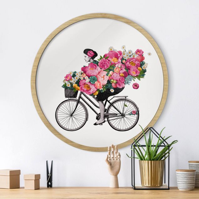 gerahmte Blumenbilder Illustration Frau auf Fahrrad Collage bunte Blumen