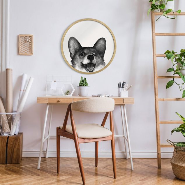 schwarz-weiß Bilder mit Rahmen Illustration Hund Corgi Weiß Schwarz Malerei