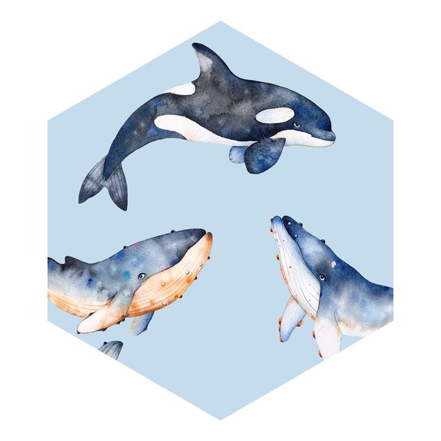 Fototapeten Blau Illustrierte Wale als Aquarell