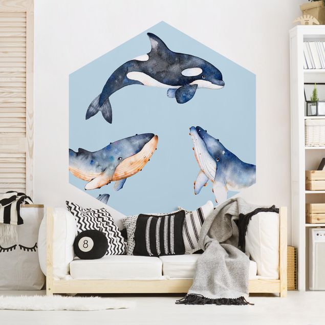 Tapeten Modern Illustrierte Wale als Aquarell