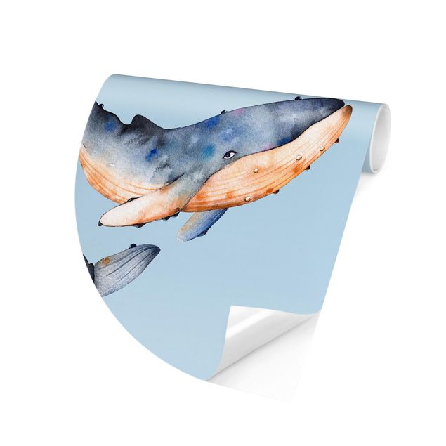 Fototapete blau Illustrierte Wale als Aquarell
