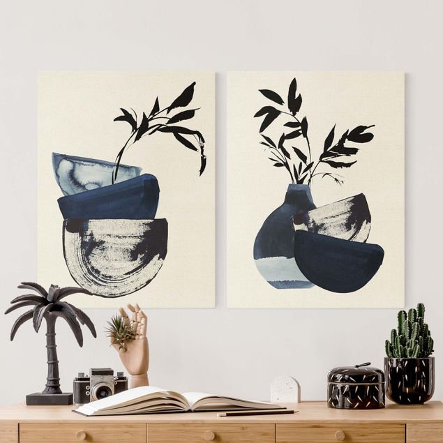 Wandbilder Blau Japandi Aquarell - Geschirr mit Zweigen