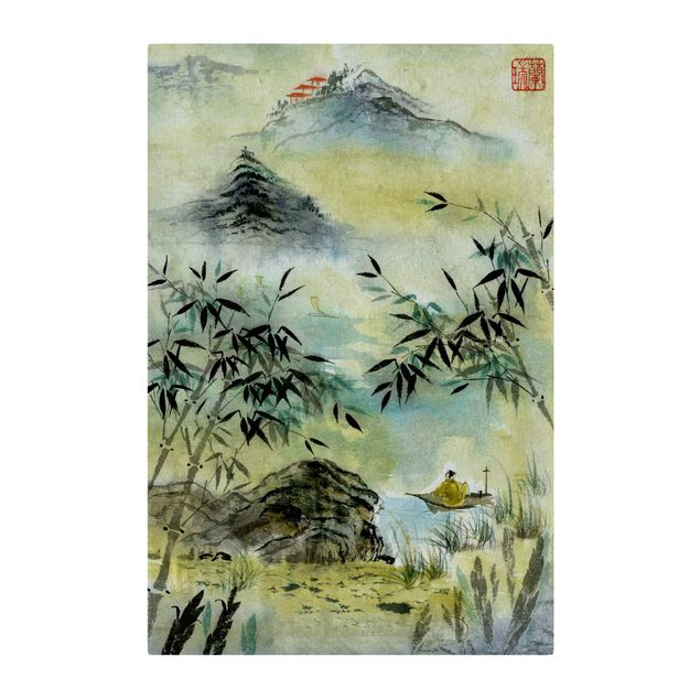 Wandbilder Berge Japanische Aquarell Zeichnung Bambuswald