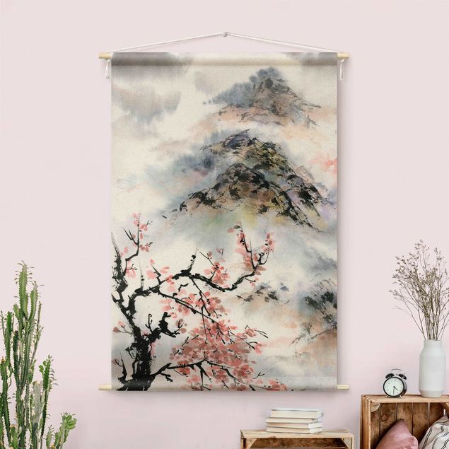 Wandteppich Wald Japanische Aquarell Zeichnung Kirschbaum und Berge