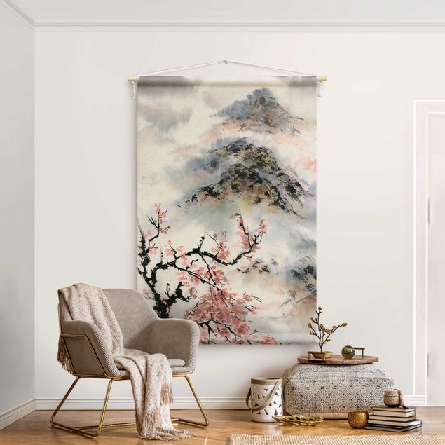 Küche Dekoration Japanische Aquarell Zeichnung Kirschbaum und Berge