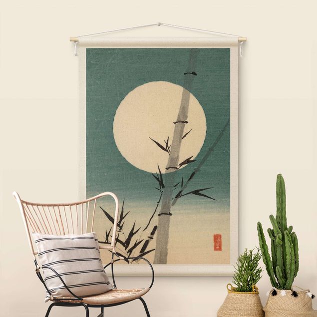 Wandteppich Natur Japanische Zeichnung Bambus und Mond