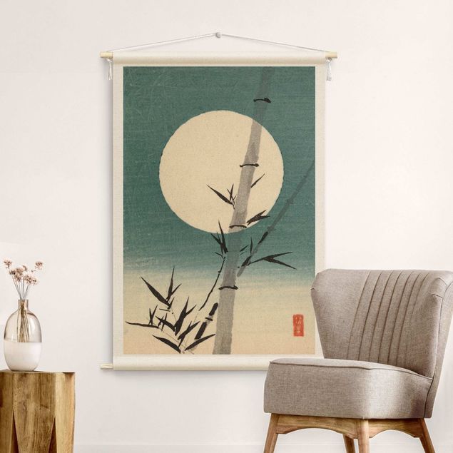 Wandteppich Vintage Japanische Zeichnung Bambus und Mond