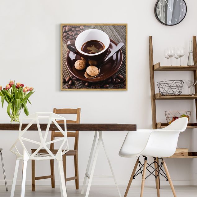 Wandbilder Kunstdrucke Kaffeetasse mit Kaffeebohnen