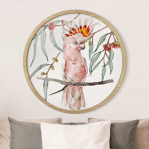 gerahmte Blumenbilder Kakadu mit Rosa Federn