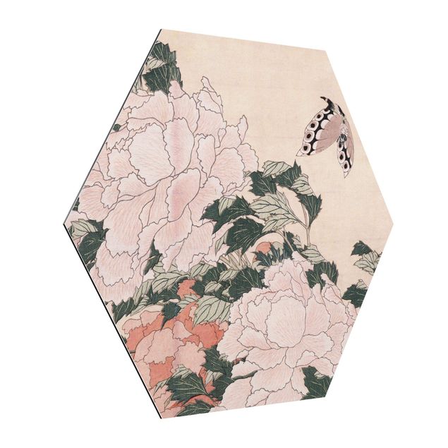 Wandbilder Blumen Katsushika Hokusai - Rosa Pfingstrosen mit Schmetterling