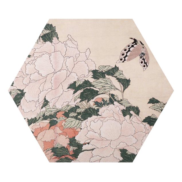 Wandbilder Kunstdrucke Katsushika Hokusai - Rosa Pfingstrosen mit Schmetterling